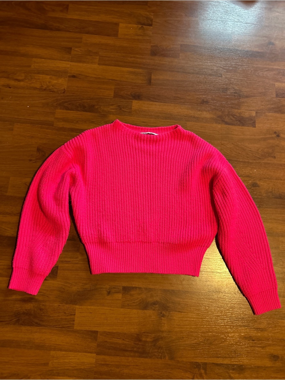 Zara Women's Bright Pink Ribbed Crewneck Sweater